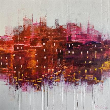 Peinture Village en rose et orangés par Fièvre Véronique | Tableau Figuratif Acrylique Urbain