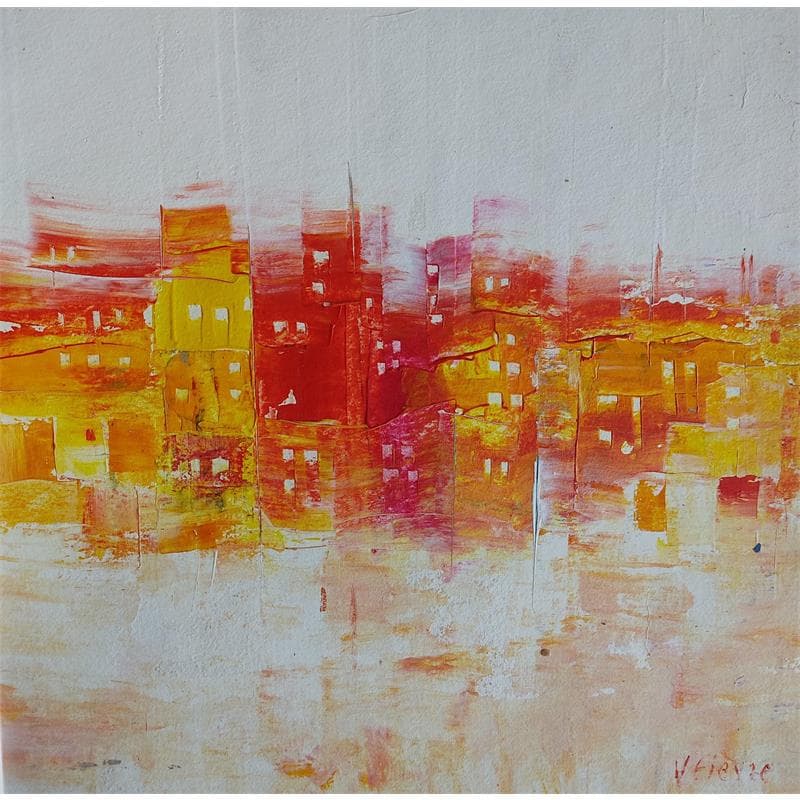 Pintura Village en rouge et jaune por Fièvre Véronique | Pintura Figurativo Urbano Acrílico