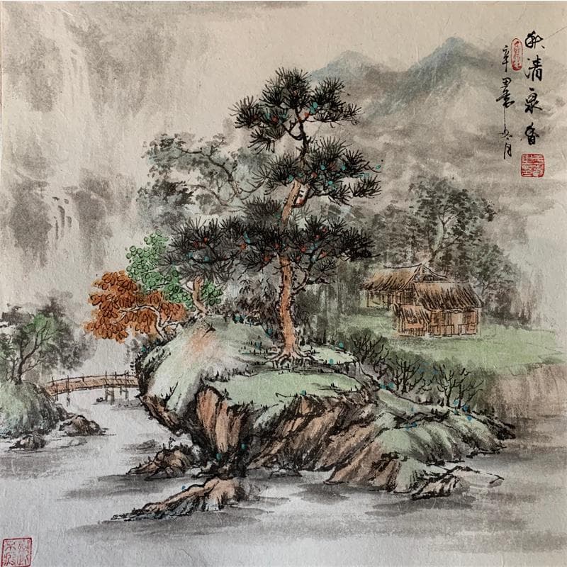 Peinture Little bridge par Yu Huan Huan | Tableau Figuratif Paysages