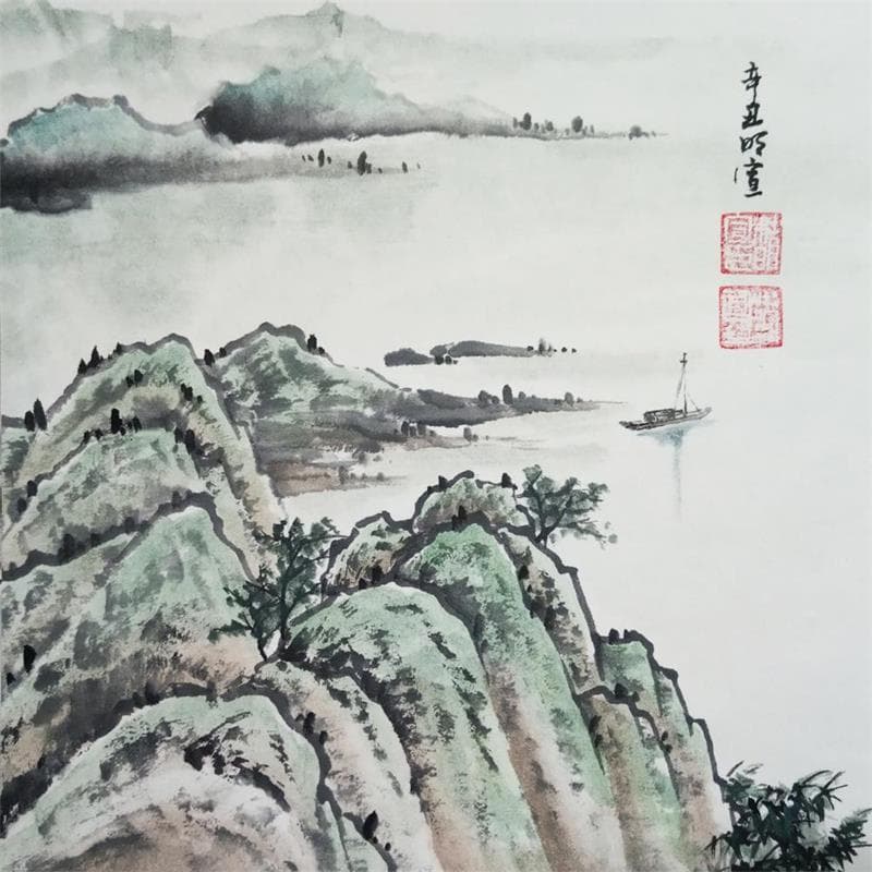 Painting Lake side by Du Mingxuan | Painting Figurative Landscapes Watercolor