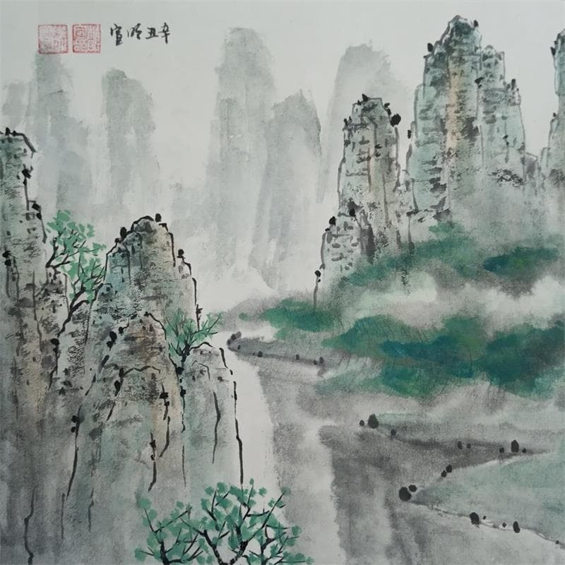 Gemälde Karst von Du Mingxuan | Gemälde Figurativ Landschaften Aquarell