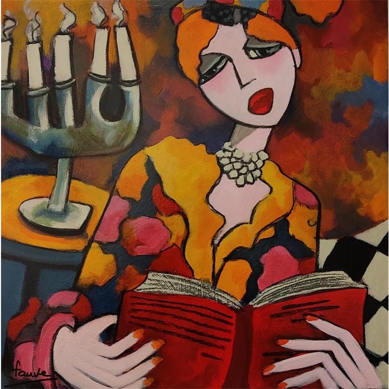 Peinture Liseuse à la robe a fleur par Fauve | Tableau Figuratif Portraits Scènes de vie Acrylique