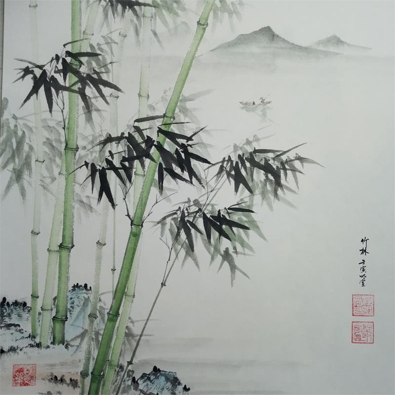 Gemälde Bamboos by the lake von Du Mingxuan | Gemälde Figurativ Landschaften Aquarell
