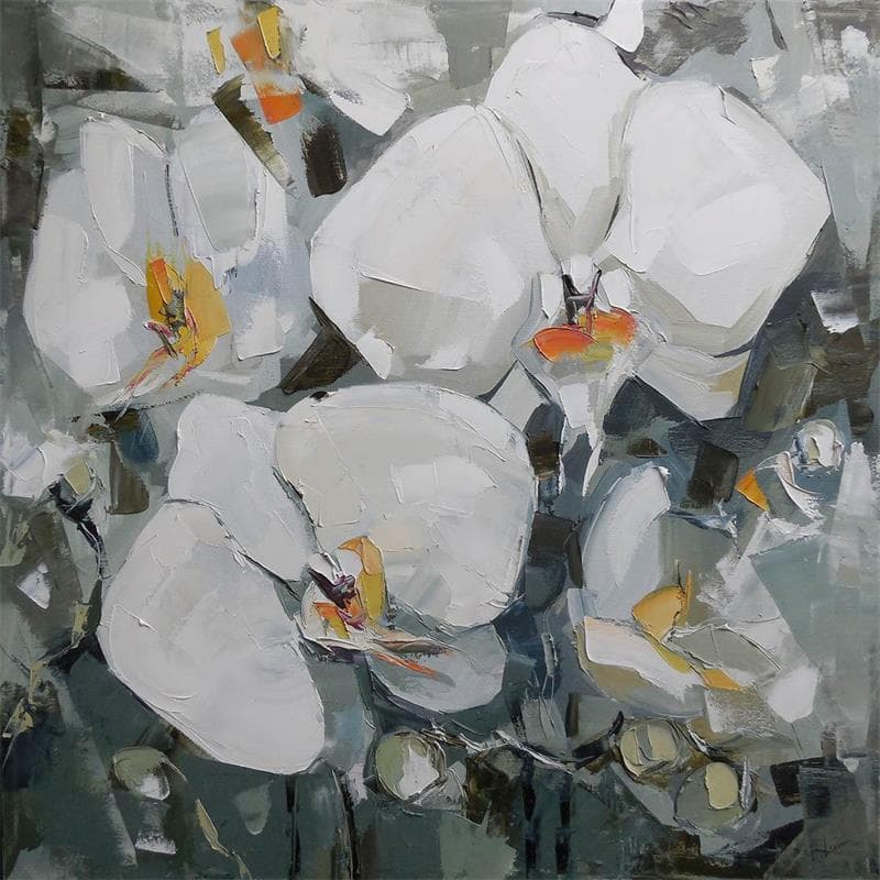 Painting White Orchid by Lunetskaya Elena | Painting Figurative Landscapes Oil