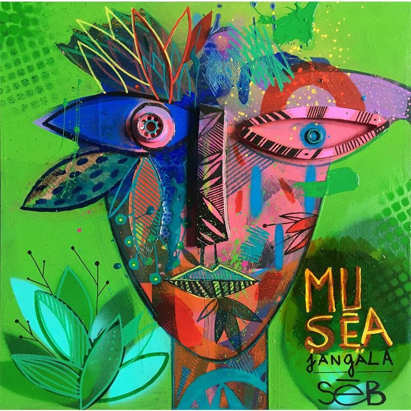 Gemälde Muséa Jangäla von Seb | Gemälde Art brut Porträt Holz Acryl