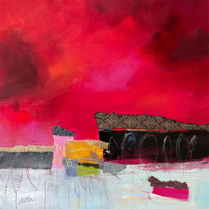 Painting La petite barque rose by Lau Blou | Painting Abstract Landscapes Life style Cardboard Acrylic