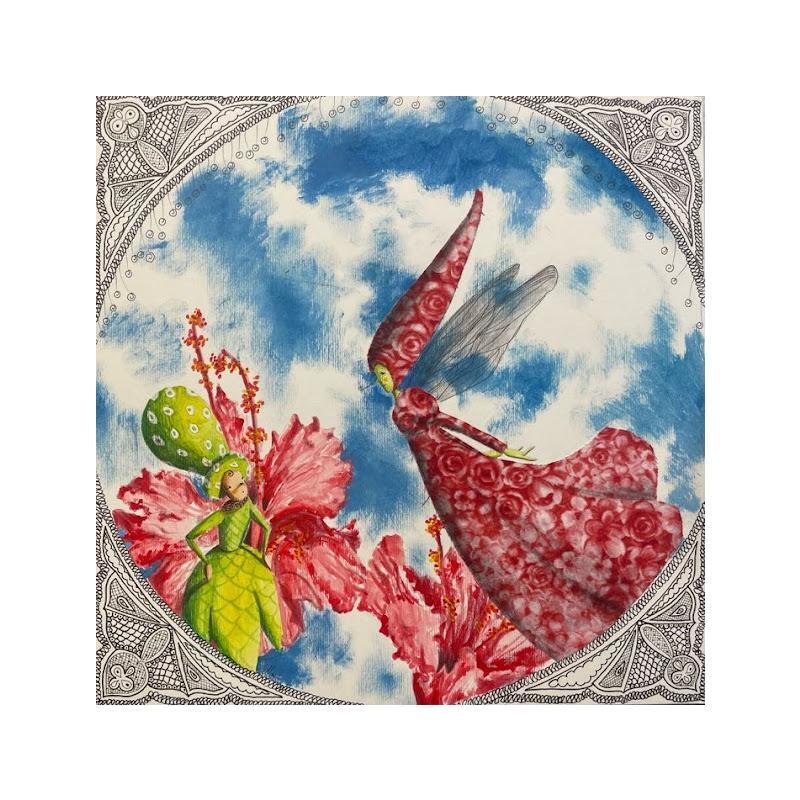 Painting La yuppi incontre la donna Hibiscus by Nai | Painting Surrealism Watercolor Textile
