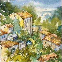 Peinture Gordes Provence par Volynskih Mariya  | Tableau Figuratif Aquarelle Architecture, Nature, Paysages