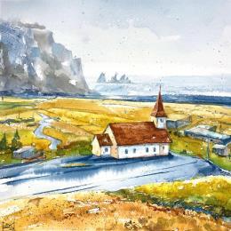 Peinture Autumn Iceland par Volynskih Mariya  | Tableau Figuratif Aquarelle Architecture, Nature, Paysages