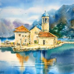 Peinture Island of the Virgin par Volynskih Mariya  | Tableau Figuratif Aquarelle Architecture, Nature, Paysages