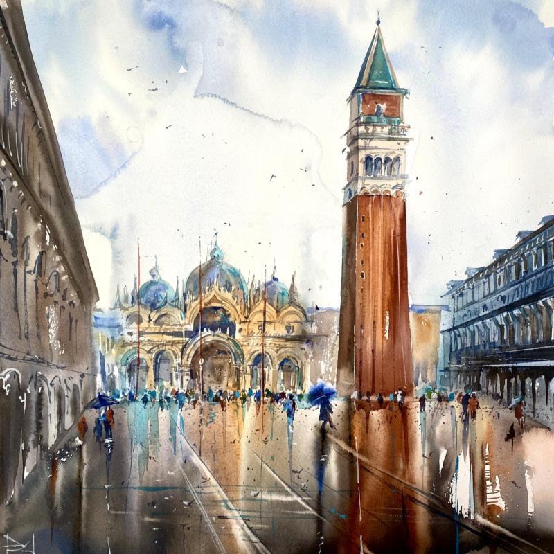 Painting Piazza San Marco by Volynskih Mariya  | Painting Figurative Urban Architecture Black & White Watercolor