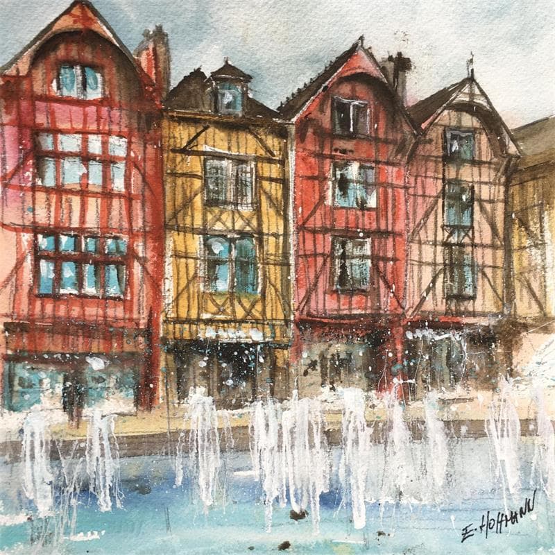 Peinture Troyes 93 colombages par Hoffmann Elisabeth | Tableau Figuratif Urbain Aquarelle