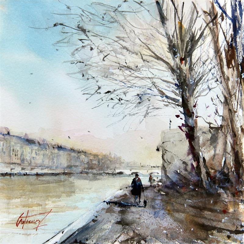 Gemälde La balade - La Seine von Gutierrez | Gemälde Naive Kunst Landschaften Aquarell