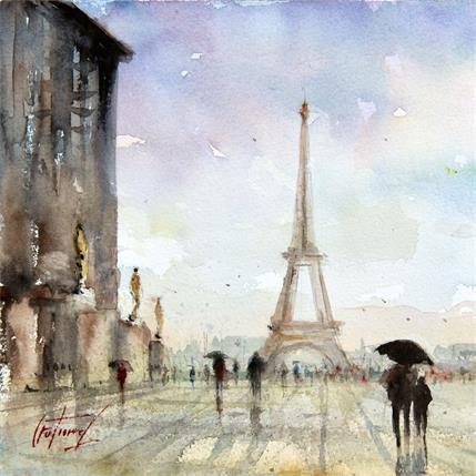 Peinture Pluie sur le Trocadéro par Gutierrez | Tableau Figuratif Aquarelle Urbain