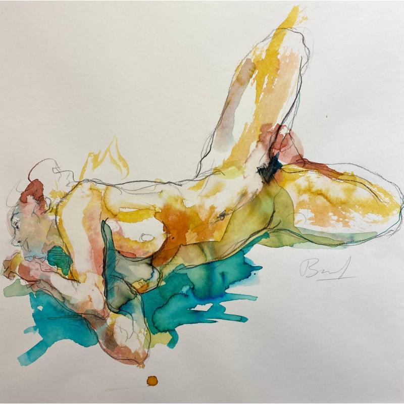 Painting Charlotte couchée sur le côté by Brunel Sébastien | Painting Figurative Nude Watercolor