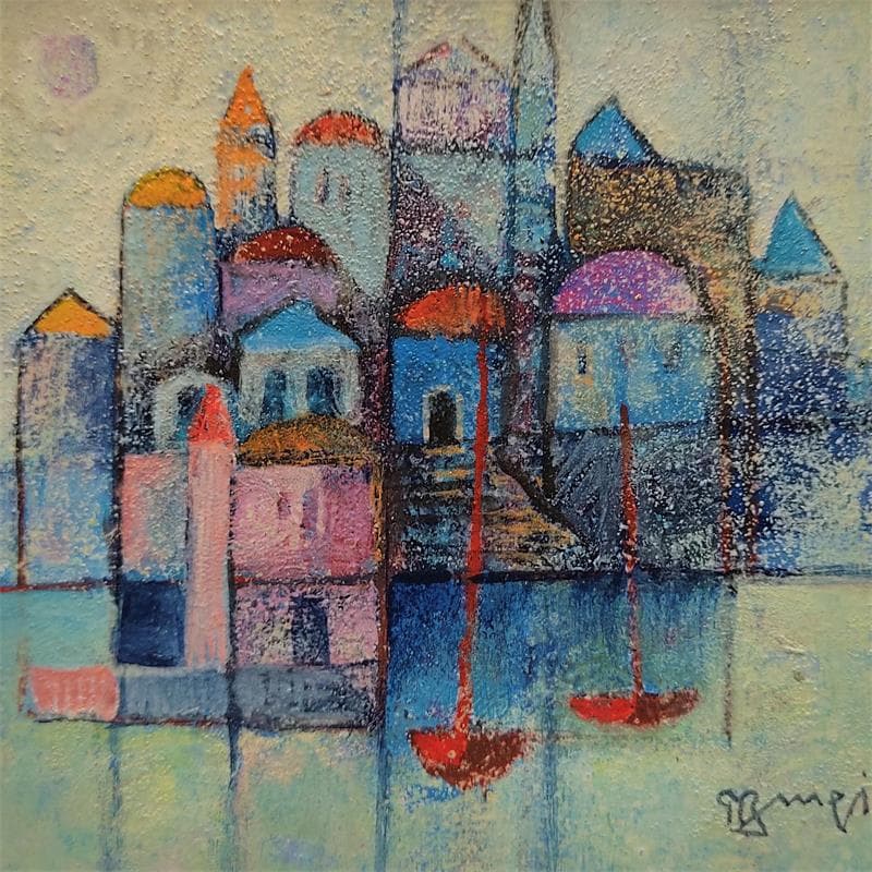 Peinture A039 Ville bleue II par Burgi Roger | Tableau Art Singulier Urbain Marine Acrylique