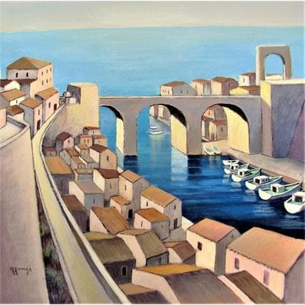 Peinture A013 Les toits du Vallon par Burgi Roger | Tableau Figuratif Acrylique Marine, Paysages, Urbain