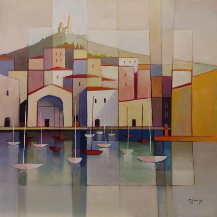 Painting AN169 Le vieux port (jaune) by Burgi Roger | Painting Figurative Acrylic Landscapes, Marine
