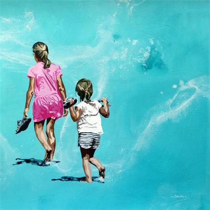 Peinture soeurs aux pieds nus par Sand | Tableau Figuratif Acrylique Marine, Scènes de vie