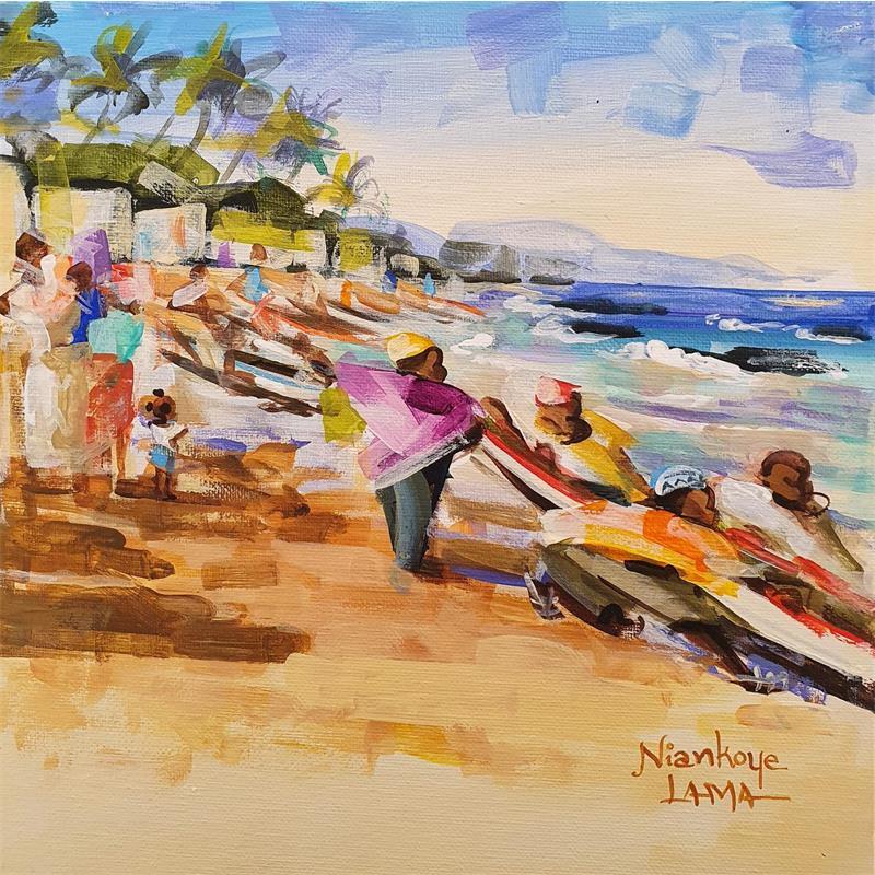 Peinture Arrivée des pêcheurs 1 par Lama Niankoye | Tableau Figuratif Marine Scènes de vie Acrylique