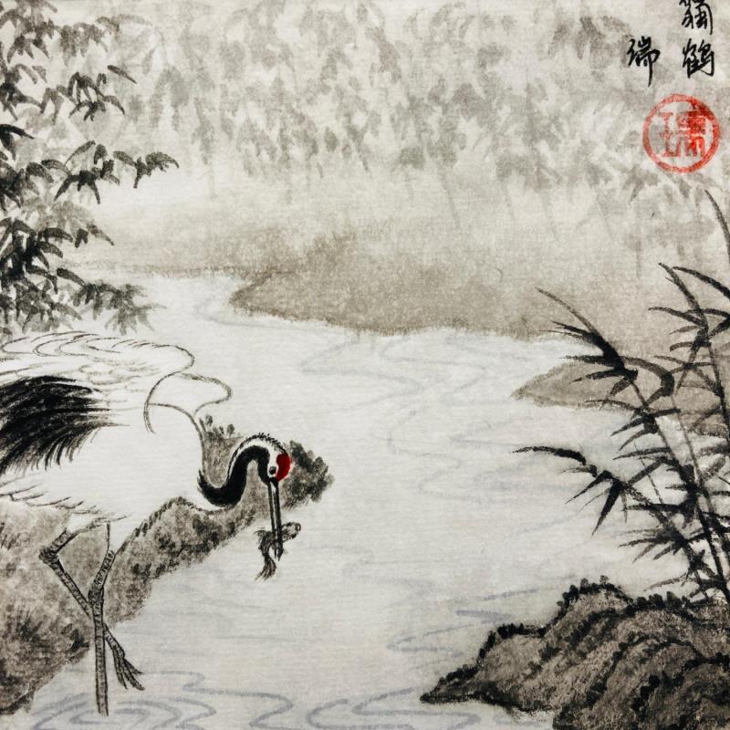 Gemälde A crane von Amblard Rui | Gemälde Figurativ Landschaften Aquarell