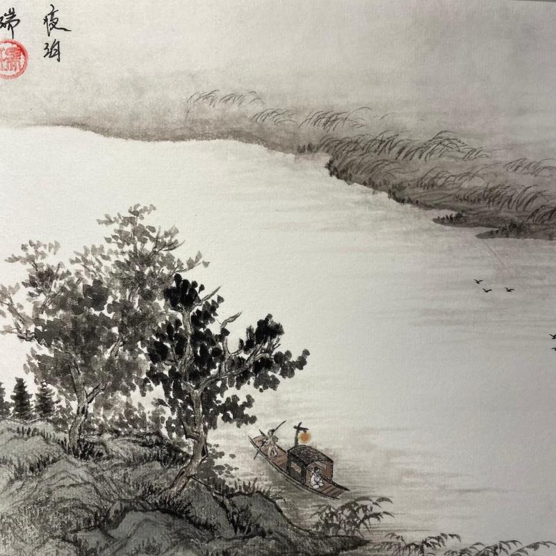 Pintura Mooring at night por Amblard Rui | Pintura Acuarela