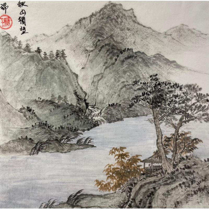 Gemälde The autumn on the river blue von Amblard Rui | Gemälde Aquarell