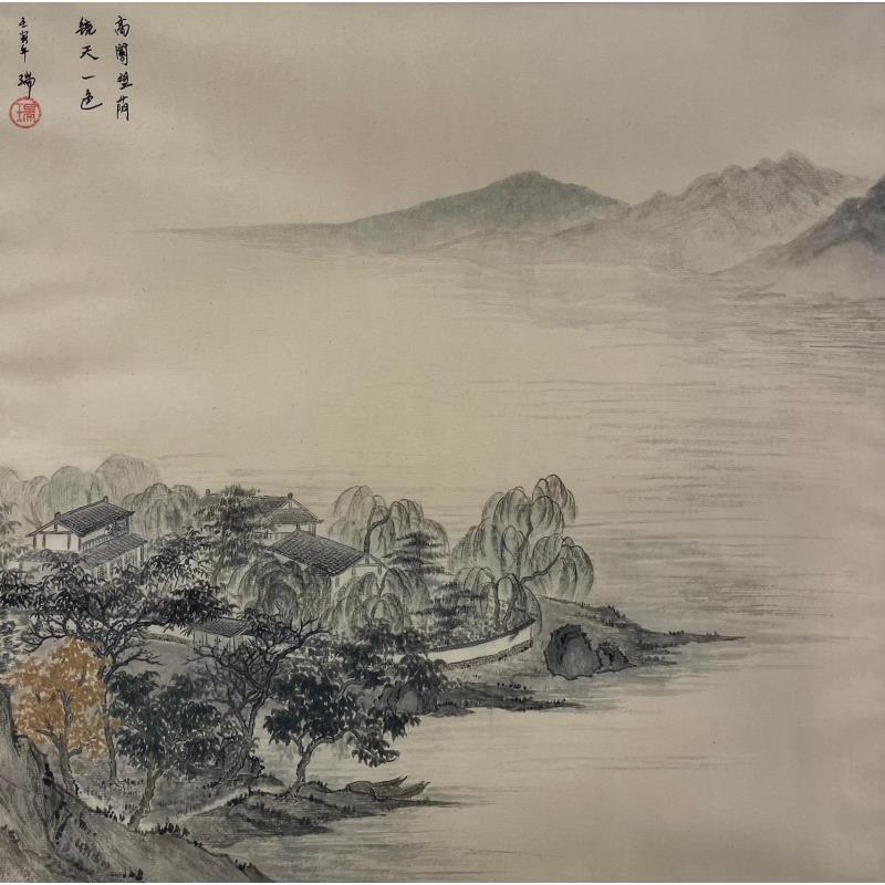 Peinture The houses overlook the lush, speckless is the mirror - like lake par Amblard Rui | Tableau Aquarelle