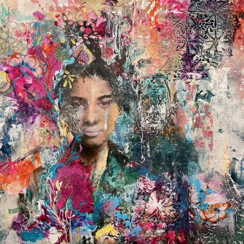 Painting Flower Power II by Bergeron Marie-Josée | Painting Figurative Life style Oil Acrylic Gluing