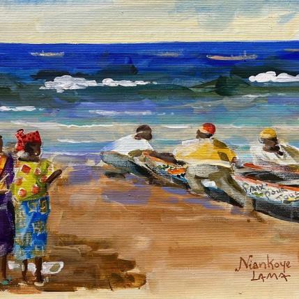Pintura Depart des pecheurs por Lama Niankoye | Pintura Figurativo Acrílico Life style, Marine