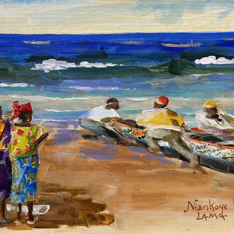 Painting Depart des pecheurs by Lama Niankoye | Painting Figurative Marine Life style Acrylic