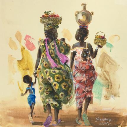 Peinture Deux Dames et Enfants par Lama Niankoye | Tableau Figuratif Acrylique Scènes de vie