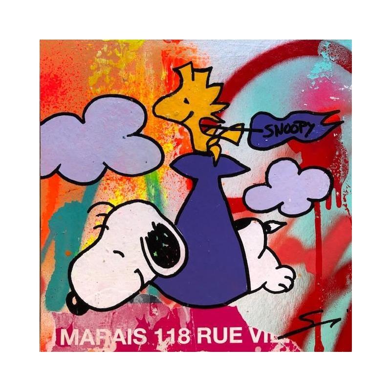 Gemälde snoopy is flying von Mestres Sergi | Gemälde Pop-Art Urban Pop-Ikonen Graffiti Pappe