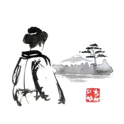 Painting geisha is watching by Péchane | Painting Figurative Ink, Watercolor Landscapes