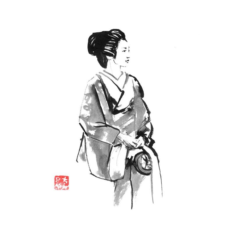 Painting waiting geisha by Péchane | Painting Figurative Portrait Life style Watercolor Ink