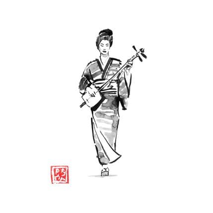 Gemälde geisha and shamisen von Péchane | Gemälde Figurativ Aquarell, Tinte Alltagsszenen, Porträt