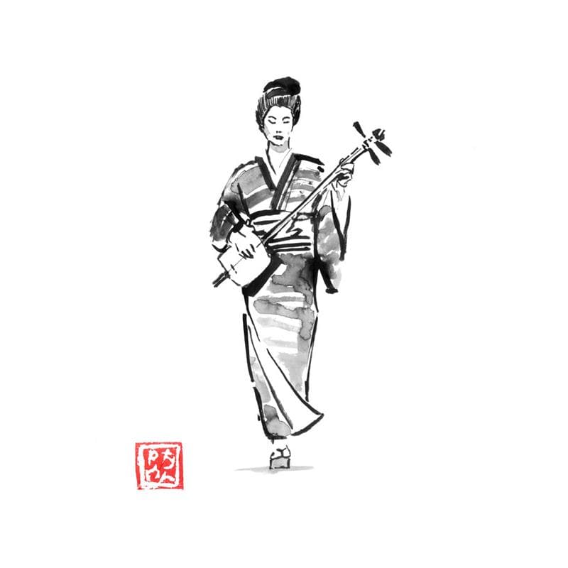 Painting geisha and shamisen by Péchane | Painting Figurative Portrait Life style Watercolor Ink