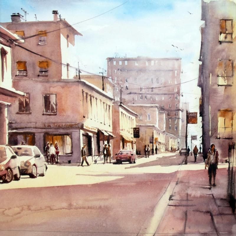 Painting Dimanche dans la ville by Abbatucci Violaine | Painting Figurative Landscapes Watercolor