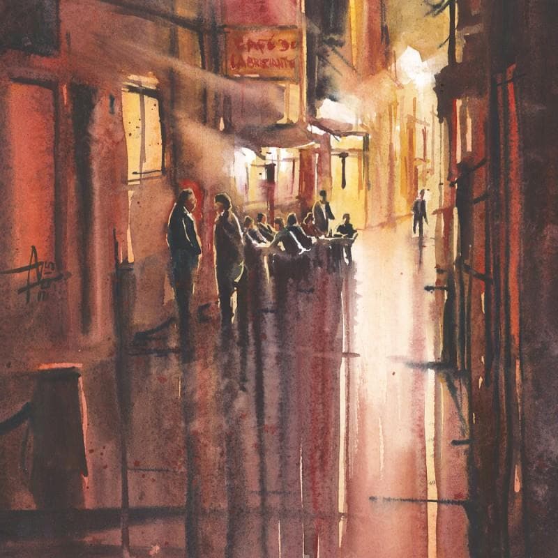 Peinture Virée nocturne par Abbatucci Violaine | Tableau Figuratif Paysages Aquarelle