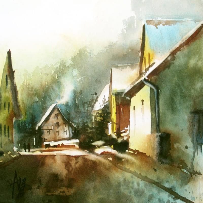 Peinture Allons nous mettre au chaud par Abbatucci Violaine | Tableau Figuratif Paysages Aquarelle