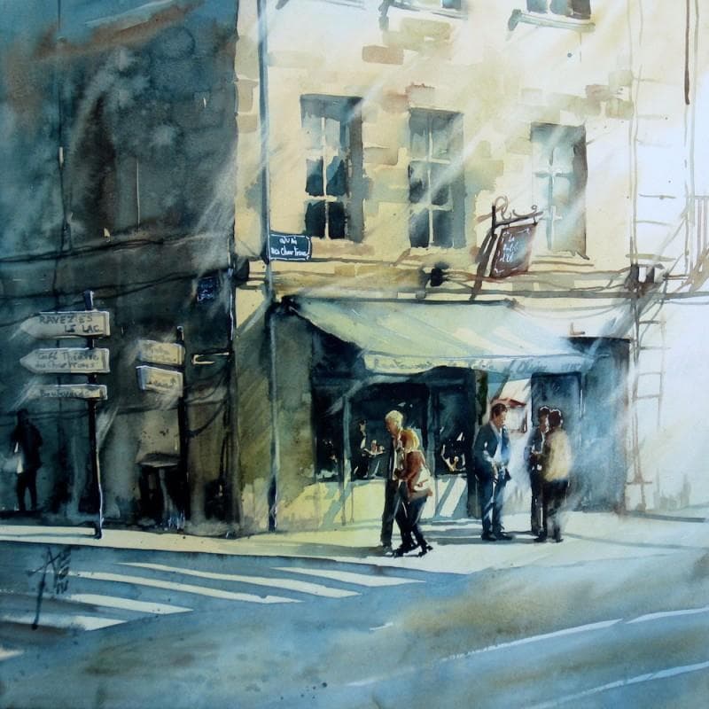 Painting Les habitués de chez Olivier by Abbatucci Violaine | Painting Figurative Urban Life style Watercolor
