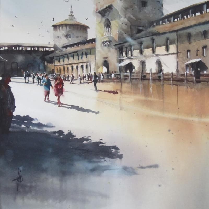 Peinture Quiétude dans la Cour du château par Abbatucci Violaine | Tableau Figuratif Paysages Aquarelle