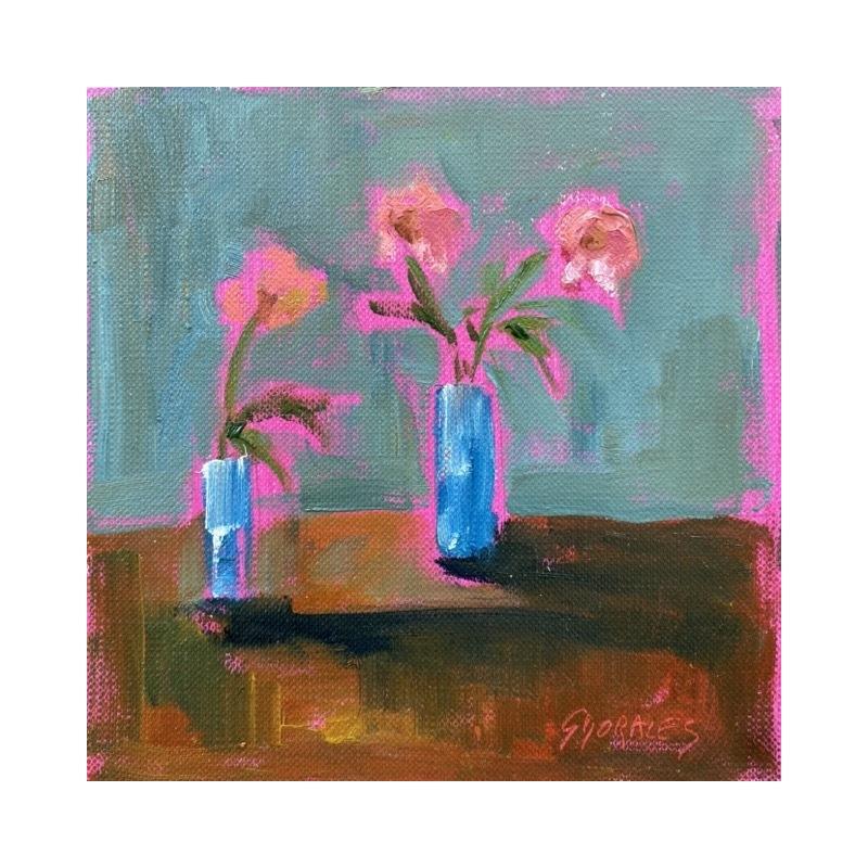 Peinture BOUQUETS VASES BLEUS par Morales Géraldine | Tableau Figuratif Natures mortes Huile Acrylique