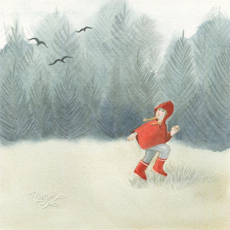 Painting Sapins et chaperon rouge by Marjoline Fleur | Painting Naive art Landscapes Life style Watercolor