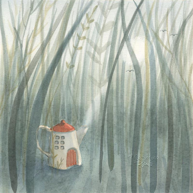 Gemälde Maison théière champs von Marjoline Fleur | Gemälde Naive Kunst Landschaften Aquarell