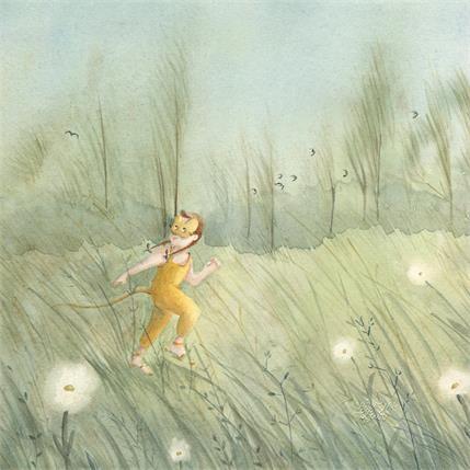 Painting Paysage vert enfant jaune by Marjoline Fleur | Painting Naive art Watercolor Landscapes