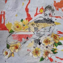 Peinture Roses jaunes 27 par Labarussias | Tableau Figuratif Collage Nu