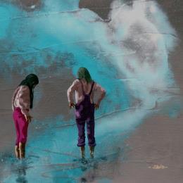 Peinture Onirique de plage pour filles attentives par Sand | Tableau Figuratif Acrylique Marine, Scènes de vie