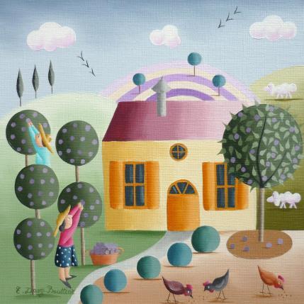 Painting La cueillette des prunes by Davy Bouttier Elisabeth | Painting Naive art Oil Life style, Pop icons