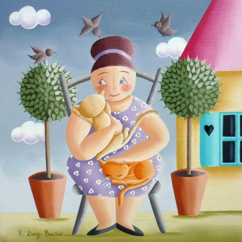 Pintura Chats calins por Davy Bouttier Elisabeth | Pintura Arte naïf Retrato Aceite